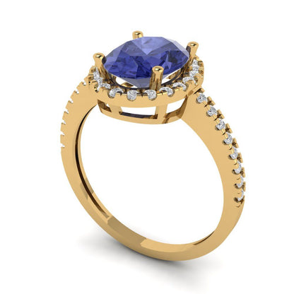2.27 cttw Simulated Tanzanite Solitaire with Zirconia Simulated Diamond Accents Engagement Ring - Solid Gold (Oval Cut,9X7mm)