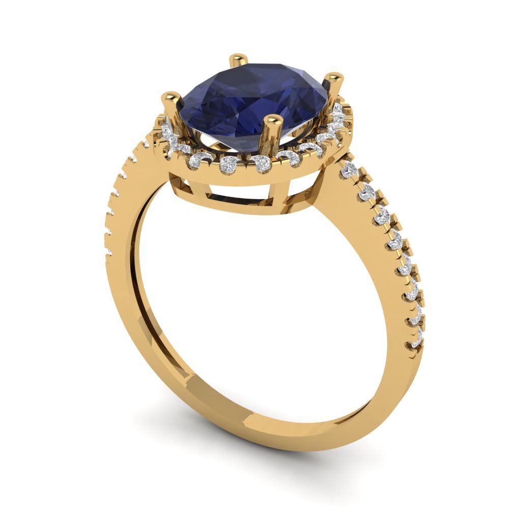 2.27 cttw Simulated Blue Sapphire Solitaire with Zirconia Simulated Diamond Accents Engagement Ring - Solid Gold (Oval Cut,9X7mm)