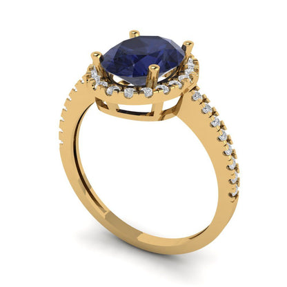 2.27 cttw Simulated Blue Sapphire Solitaire with Zirconia Simulated Diamond Accents Engagement Ring - Solid Gold (Oval Cut,9X7mm)