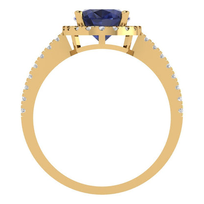2.27 cttw Simulated Blue Sapphire Solitaire with Zirconia Simulated Diamond Accents Engagement Ring - Solid Gold (Oval Cut,9X7mm)