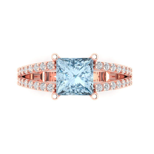 2.48 cttw Zirconia Simulated Blue Diamond Solitaire with Zirconia Simulated Diamond Accents Engagement Ring - Solid Rose Gold (VVS1, Princess Cut,7.0mm)
