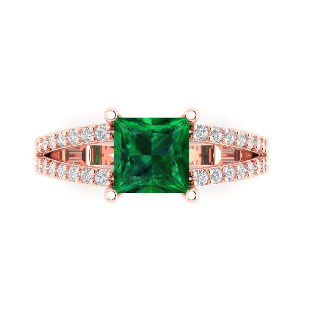 2.48 cttw Simulated Emerald Solitaire with Zirconia Simulated Diamond Accents Engagement Ring - Solid Gold (Princess Cut,7.0mm)