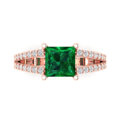 2.48 cttw Simulated Emerald Solitaire with Zirconia Simulated Diamond Accents Engagement Ring - Solid Gold (Princess Cut,7.0mm)