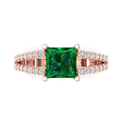 2.48 cttw Simulated Emerald Solitaire with Zirconia Simulated Diamond Accents Engagement Ring - Solid Rose Gold (VVS1, Princess Cut,7.0mm)