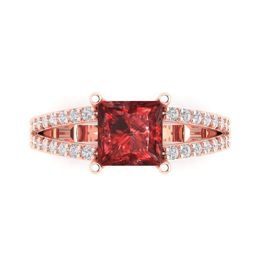 2.48 cttw Natural Garnet Solitaire with Zirconia Simulated Diamond Accents Engagement Ring - Solid Rose Gold (VVS1, Princess Cut,7.0mm)