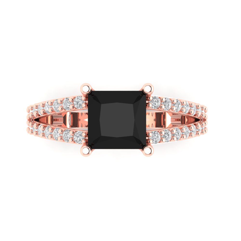 2.48 cttw Natural Onyx Solitaire with Zirconia Simulated Diamond Accents Engagement Ring - Solid Gold (Princess Cut,7.0mm)