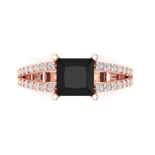 2.48 cttw Natural Onyx Solitaire with Zirconia Simulated Diamond Accents Engagement Ring - Solid Rose Gold (VVS1, Princess Cut,7.0mm)