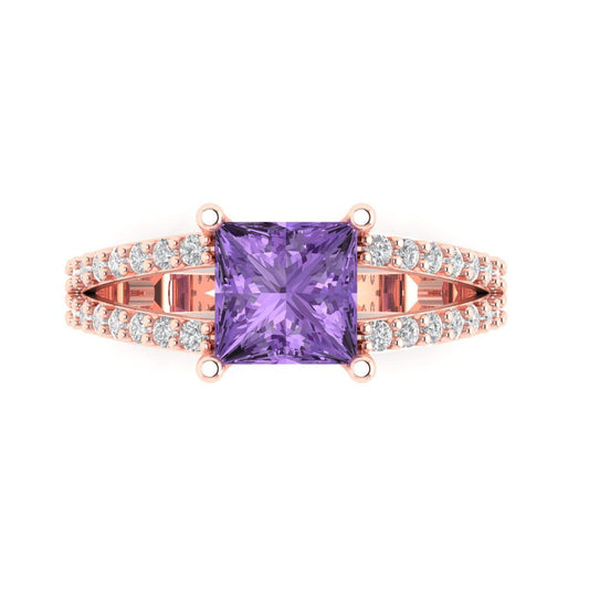 2.48 cttw Simulated Alexandrite Solitaire with Zirconia Simulated Diamond Accents Engagement Ring - Solid Rose Gold (VVS1, Princess Cut,7.0mm)