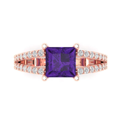 2.48 cttw Natural Amethyst Solitaire with Zirconia Simulated Diamond Accents Engagement Ring - Solid Rose Gold (VVS1, Princess Cut,7.0mm)