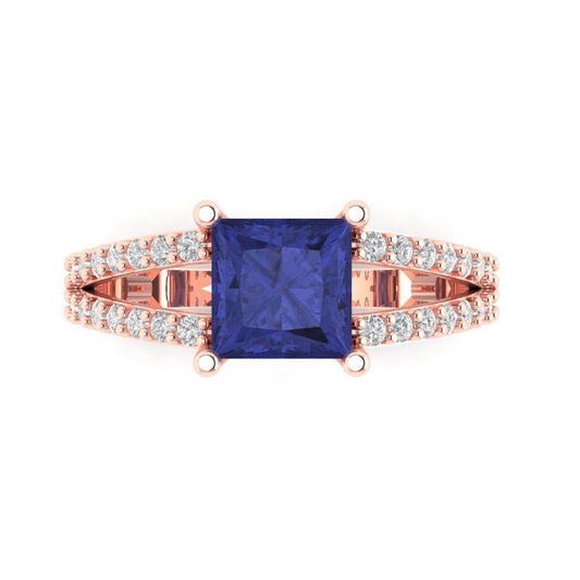 2.48 cttw Simulated Tanzanite Solitaire with Zirconia Simulated Diamond Accents Engagement Ring - Solid Rose Gold (VVS1, Princess Cut,7.0mm)
