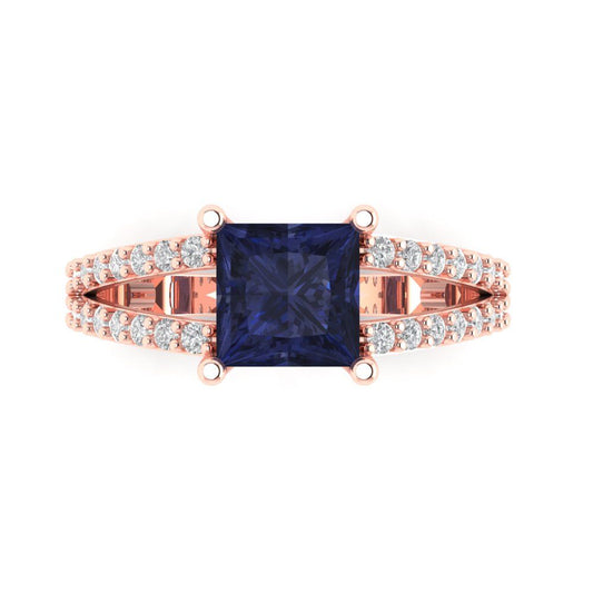 2.48 cttw Simulated Blue Sapphire Solitaire with Zirconia Simulated Diamond Accents Engagement Ring - Solid Rose Gold (VVS1, Princess Cut,7.0mm)