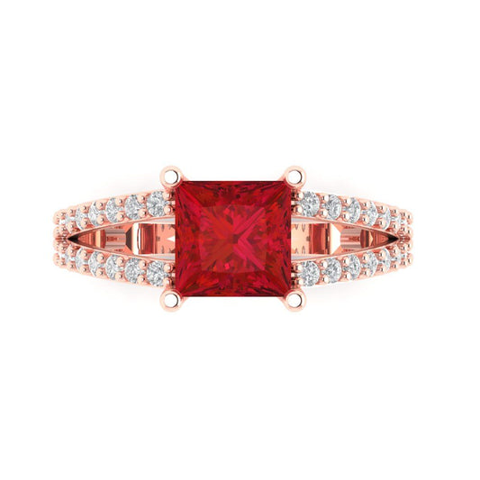 2.48 cttw Simulated Pink Tourmaline Solitaire with Zirconia Simulated Diamond Accents Engagement Ring - Solid Rose Gold (VVS1, Princess Cut,7.0mm)