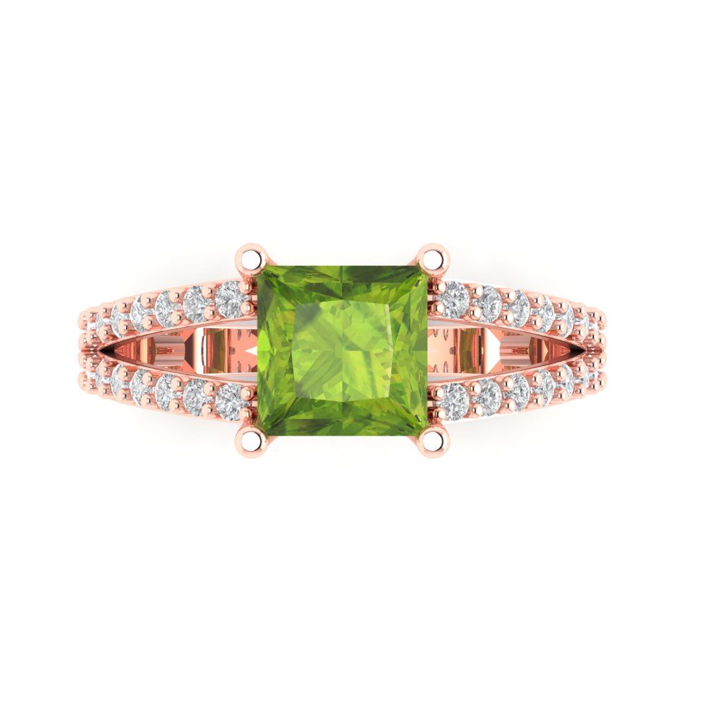 2.48 cttw Natural Peridot Solitaire with Zirconia Simulated Diamond Accents Engagement Ring - Solid Gold (Princess Cut,7.0mm)