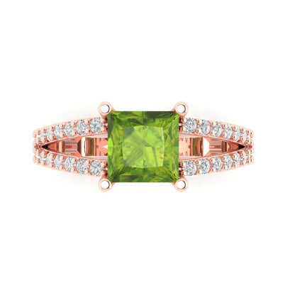 2.48 cttw Natural Peridot Solitaire with Zirconia Simulated Diamond Accents Engagement Ring - Solid Gold (Princess Cut,7.0mm)