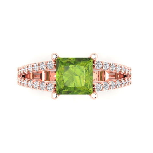 2.48 cttw Natural Peridot Solitaire with Zirconia Simulated Diamond Accents Engagement Ring - Solid Rose Gold (VVS1, Princess Cut,7.0mm)