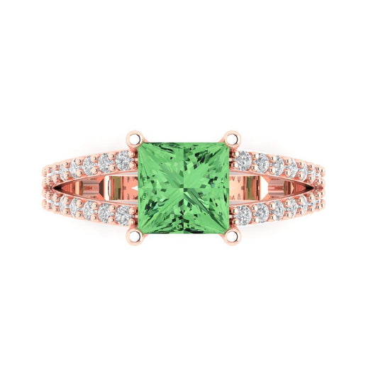 2.48 cttw Zirconia Simulated Green Diamond Solitaire with Zirconia Simulated Diamond Accents Engagement Ring - Solid Rose Gold (VVS1, Princess Cut,7.0mm)