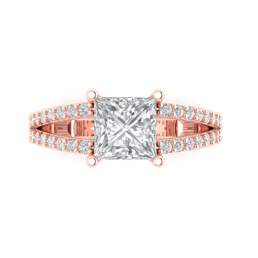2.48 cttw Moissanite Solitaire with Zirconia Simulated Diamond Accents Engagement Ring - Solid Rose Gold (VVS1, Princess Cut,7.0mm)