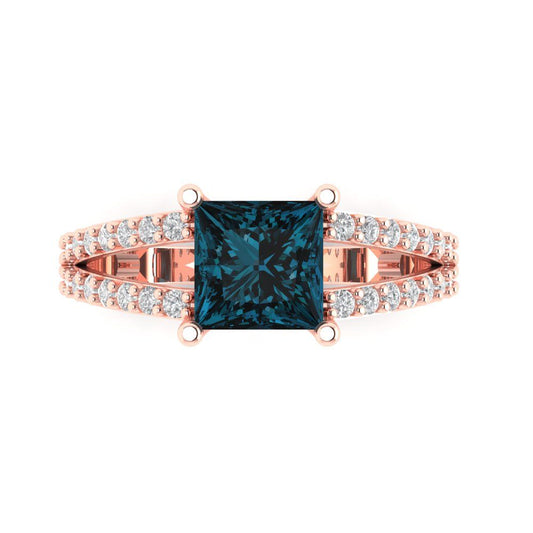 2.48 cttw Natural London Blue Topaz Solitaire with Zirconia Simulated Diamond Accents Engagement Ring - Solid Rose Gold (VVS1, Princess Cut,7.0mm)