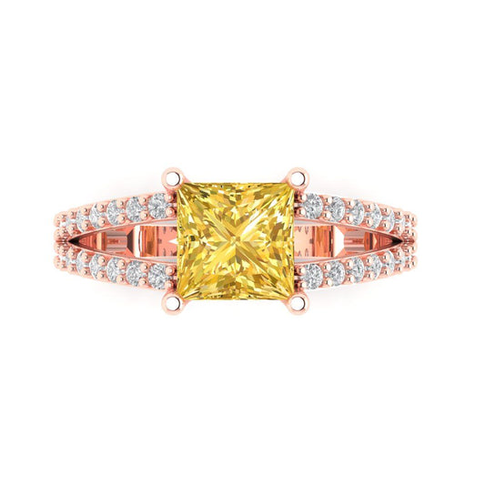 2.48 cttw Zirconia Simulated Yellow Diamond Solitaire with Zirconia Simulated Diamond Accents Engagement Ring - Solid Rose Gold (VVS1, Princess Cut,7.0mm)