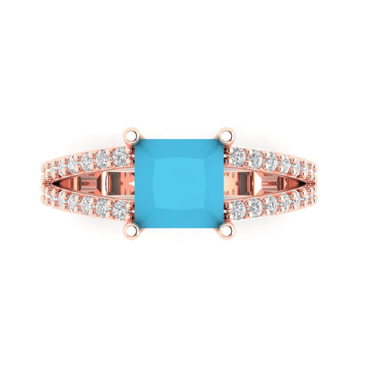 2.48 cttw Simulated Turquoise Solitaire with Zirconia Simulated Diamond Accents Engagement Ring - Solid Rose Gold (VVS1, Princess Cut,7.0mm)