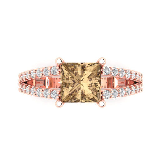2.48 cttw Zirconia Simulated Champagne Diamond Solitaire with Zirconia Simulated Diamond Accents Engagement Ring - Solid Rose Gold (VVS1, Princess Cut,7.0mm)