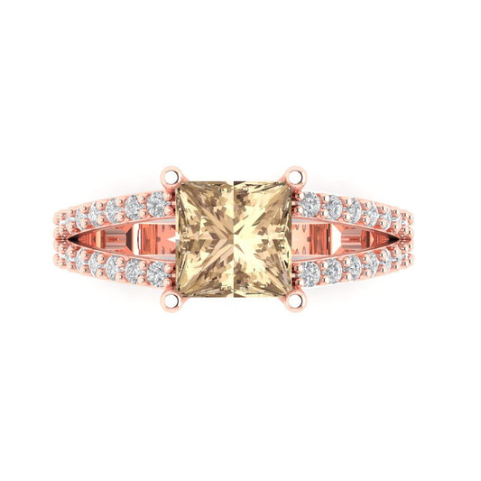 2.48 cttw Yellow Moissanite Solitaire with Zirconia Simulated Diamond Accents Engagement Ring - Solid Rose Gold (VVS1, Princess Cut,7.0mm)