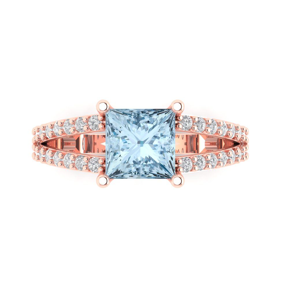 2.48 cttw Natural Aquamarine Solitaire with Zirconia Simulated Diamond Accents Engagement Ring - Solid Gold (Princess Cut,7.0mm)