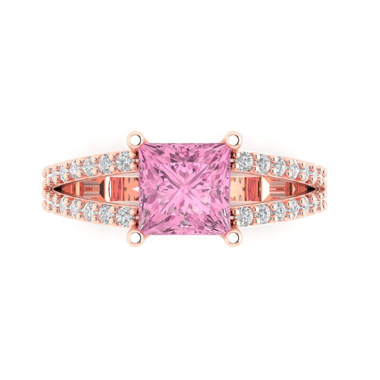 2.48 cttw Zirconia Simulated Pink Diamond Solitaire with Zirconia Simulated Diamond Accents Engagement Ring - Solid Rose Gold (VVS1, Princess Cut,7.0mm)