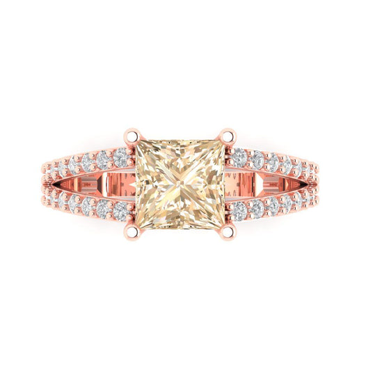 2.48 cttw Natural Morganite Solitaire with Zirconia Simulated Diamond Accents Engagement Ring - Solid Rose Gold (VVS1, Princess Cut,7.0mm)
