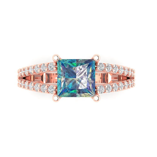 2.48 cttw Blue Moissanite Solitaire with Zirconia Simulated Diamond Accents Engagement Ring - Solid Rose Gold (VVS1, Princess Cut,7.0mm)