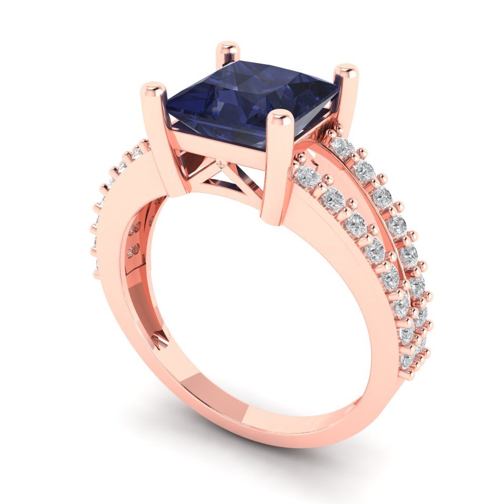 2.48 cttw Simulated Blue Sapphire Solitaire with Zirconia Simulated Diamond Accents Engagement Ring - Solid Gold (Princess Cut,7.0mm)
