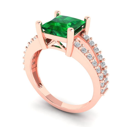 2.48 cttw Simulated Emerald Solitaire with Zirconia Simulated Diamond Accents Engagement Ring - Solid Gold (Princess Cut,7.0mm)