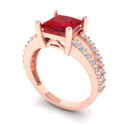 2.48 cttw Simulated Pink Tourmaline Solitaire with Zirconia Simulated Diamond Accents Engagement Ring - Solid Gold (Princess Cut,7.0mm)