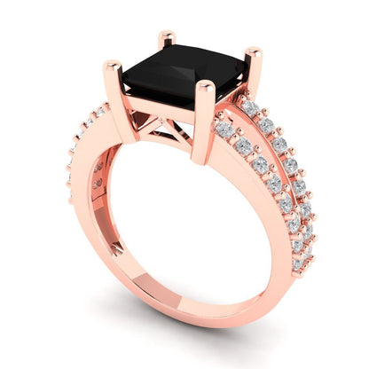 2.48 cttw Natural Onyx Solitaire with Zirconia Simulated Diamond Accents Engagement Ring - Solid Gold (Princess Cut,7.0mm)