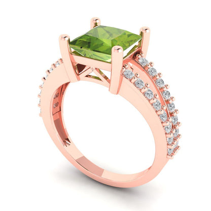 2.48 cttw Natural Peridot Solitaire with Zirconia Simulated Diamond Accents Engagement Ring - Solid Gold (Princess Cut,7.0mm)