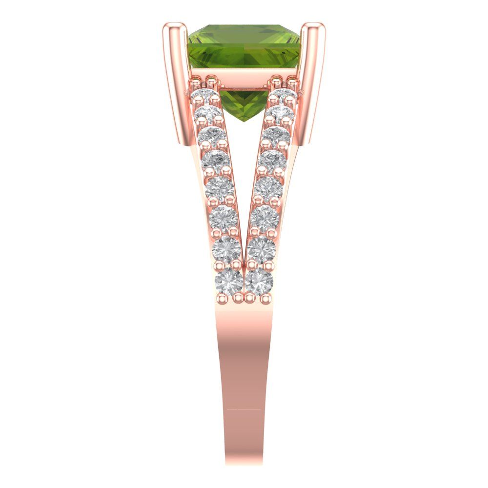 2.48 cttw Natural Peridot Solitaire with Zirconia Simulated Diamond Accents Engagement Ring - Solid Gold (Princess Cut,7.0mm)