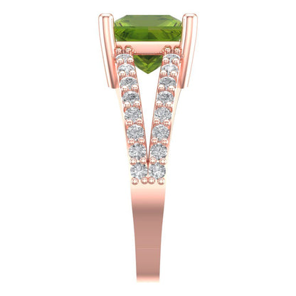 2.48 cttw Natural Peridot Solitaire with Zirconia Simulated Diamond Accents Engagement Ring - Solid Gold (Princess Cut,7.0mm)
