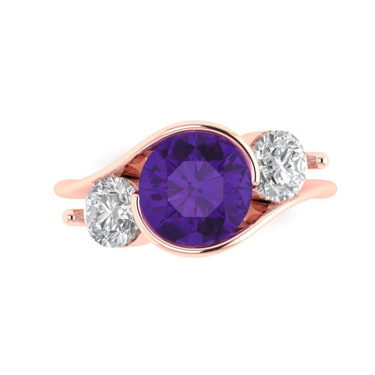 3.5 cttw Natural Amethyst Three-Stone Engagement Ring - Solid Rose Gold (VVS1, Round Cut,8.0mm)