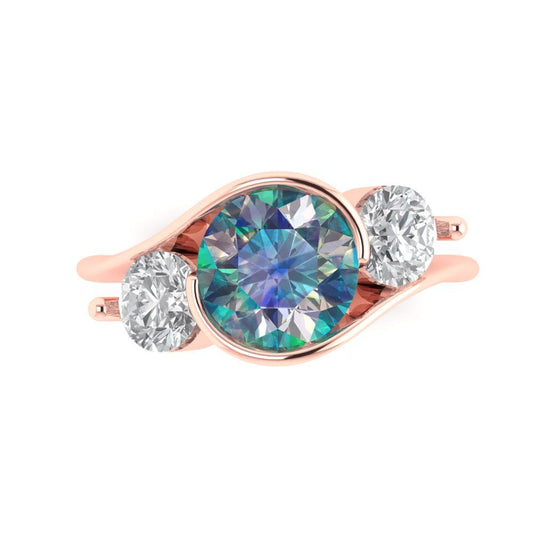 3.5 cttw Blue Moissanite Three-Stone Engagement Ring - Solid Rose Gold (VVS1, Round Cut,8.0mm)