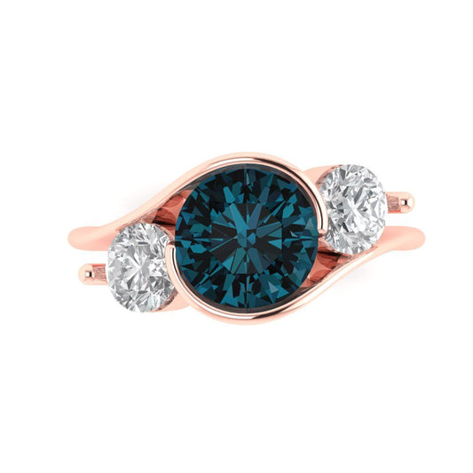 3.5 cttw Natural London Blue Topaz Three-Stone Engagement Ring - Solid Rose Gold (VVS1, Round Cut,8.0mm)
