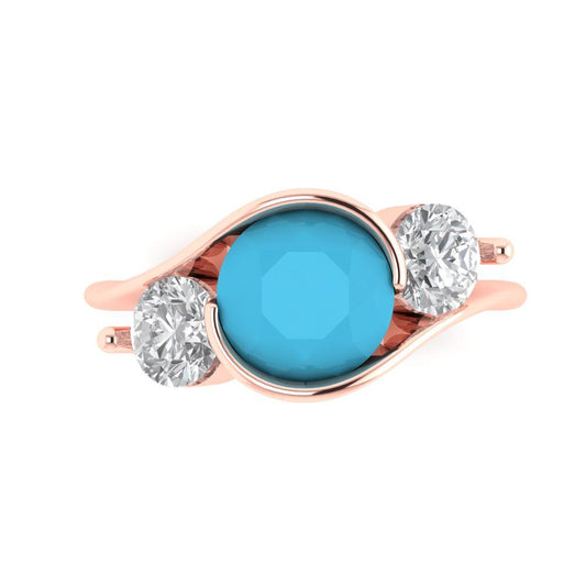 3.5 cttw Simulated Turquoise Three-Stone Engagement Ring - Solid Rose Gold (VVS1, Round Cut,8.0mm)