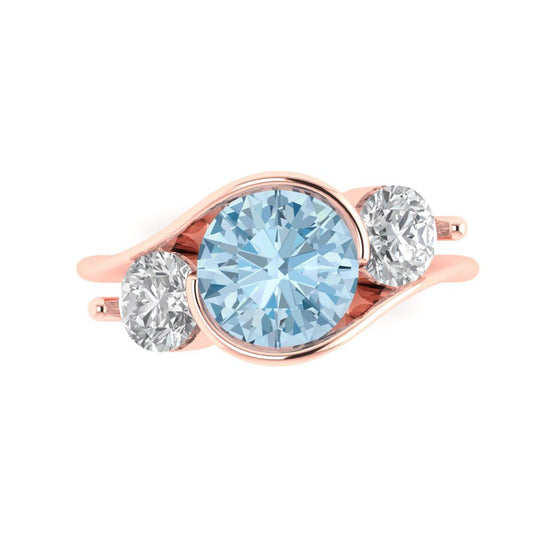 3.5 cttw Natural Aquamarine Three-Stone Engagement Ring - Solid Rose Gold (VVS1, Round Cut,8.0mm)