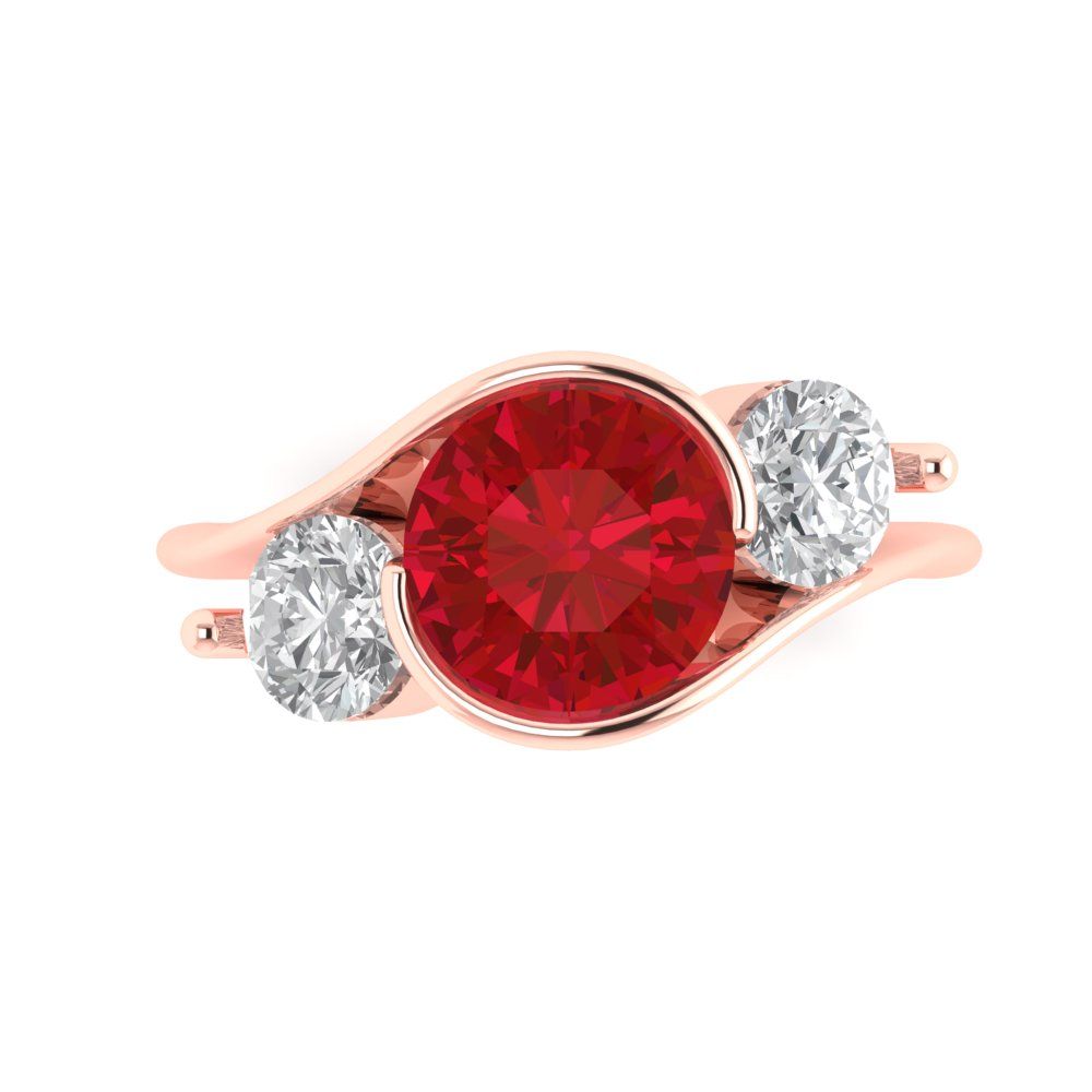 3.5 cttw Simulated Ruby Three-Stone Engagement Ring - Solid Rose Gold (VVS1, Round Cut,8.0mm)