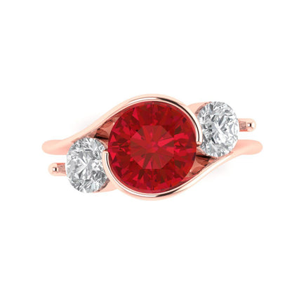 3.5 cttw Simulated Ruby Three-Stone Engagement Ring - Solid Rose Gold (VVS1, Round Cut,8.0mm)