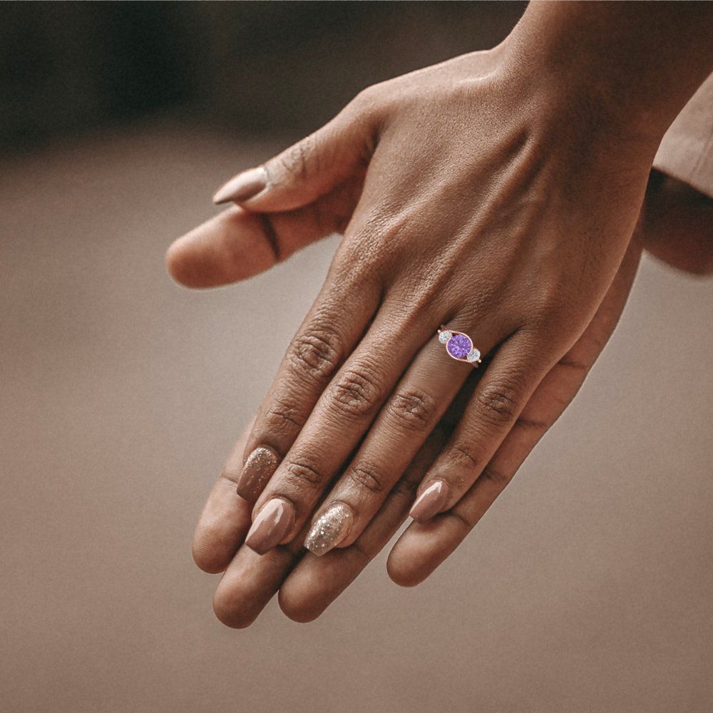 3.5 cttw Simulated Alexandrite Three-Stone Engagement Ring - Solid Rose Gold (VVS1, Round Cut,8.0mm)