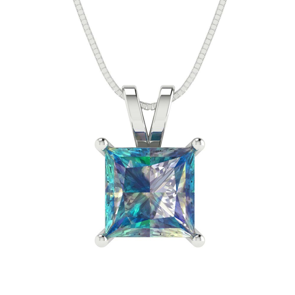 2 tcw Necklace Pendant - 14K Yellow Gold Princess Cut Solitaire  Blue Moissanite - Adjustable Length - 15in Box Chain to 18in