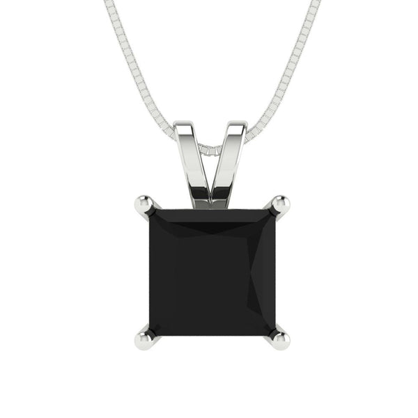 2 ct Brilliant Princess Cut Solitaire Natural Onyx Stone White Gold Pendant with 16" Chain