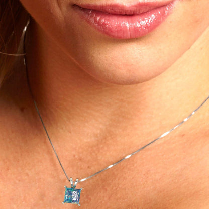 2 tcw Necklace Pendant - 14K Yellow Gold Princess Cut Solitaire  Blue Moissanite - Adjustable Length - 15in Box Chain to 18in