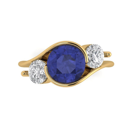 3.5 cttw Simulated Tanzanite Three-Stone Engagement Ring - Solid Yellow Gold (VVS1, Round Cut,8.0mm)