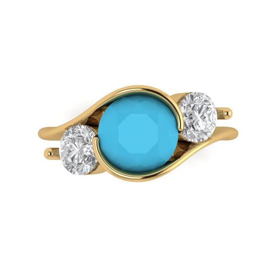 3.5 cttw Simulated Turquoise Three-Stone Engagement Ring - Solid Yellow Gold (VVS1, Round Cut,8.0mm)
